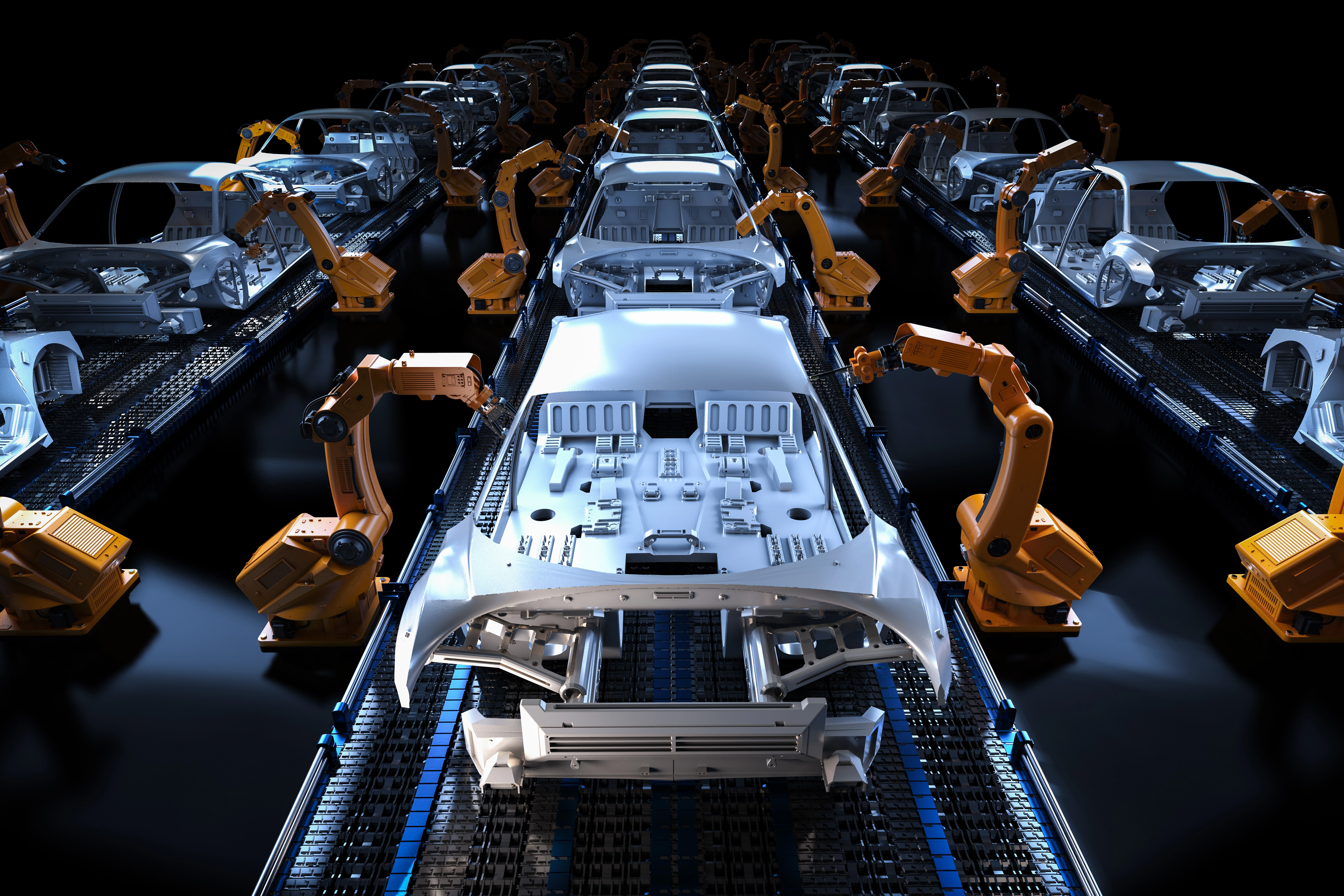 automation-aumobile-factory-concept-with-3d-rendering-robot-assembly-line-car-factory